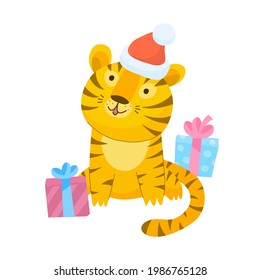 Cute tiger cartoon in red santas hat with gifts sitting on white background. Tiger is symbol of 2022 New year. Vector illustration