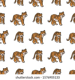 Cute Tiger Cartoon Seamless Vector Pattern. Hand Drawn Widlife Big Cat Tile. All Over Print For Nature Blog, Feline Graphic, Carnivore Home Decor. 