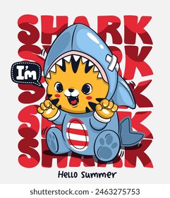 Cute tiger cartoon in shark costume and saying "I'm Shark" isolated on on white background illustration vector, T-Shirt design for kids.