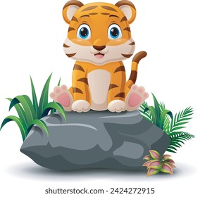 Cute tiger cartoon sitting on the stone
