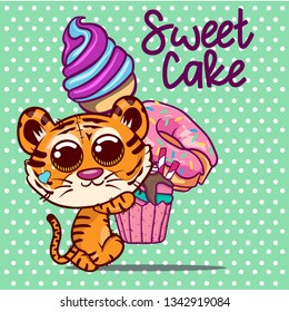 cute tiger cartoon with sweet cake and ice cream. Can be used for baby t-shirt print, fashion print design, kids wear, baby shower celebration, greeting and invitation card. - Vector