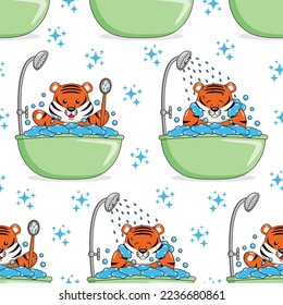 Cute tiger cartoon is taking a bath in the bathtub seamless pattern design 