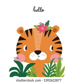 Cute tiger cartoon vector illustration. Wild tiger  in exotic tropical leaves. Hand drawn vector illustration for posters, cards, t-shirts.