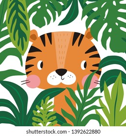 Cute tiger cartoon vector illustration. Wild tiger  in exotic tropical leaves. Hand drawn vector illustration for posters, cards, t-shirts.