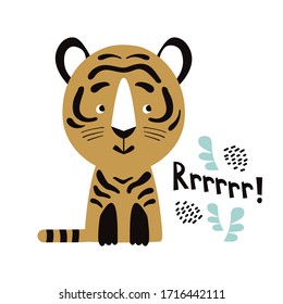 Cute tiger. Cartoon vector illustration