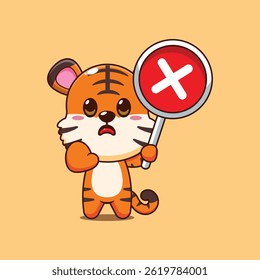 Cute tiger cartoon vector illustration with wrong sign