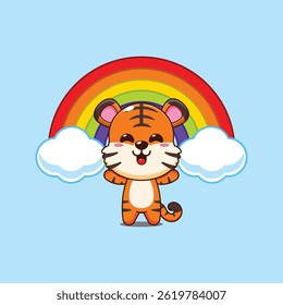 Ilustración vectorial linda de la historieta del tigre con el arco iris