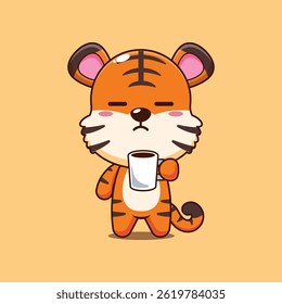 A ilustração do vetor do desenho animado do tigre bonito está cansada e sonolenta segurando o café