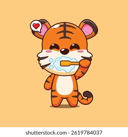 Cute tiger cartoon vector illustration brushing teeth
