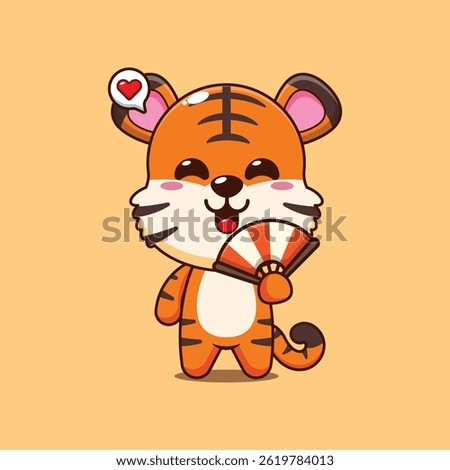 Cute tiger cartoon vector illustration with hand fan