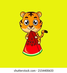 Cute tiger cartoon watermelon slice vector illustration
