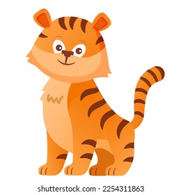 Cute tiger cartoon.Character funny animal. Muzzle emotions smiling.Vector flat illustration.Isolated on white background.