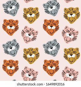 Cute tiger cat la cara sin fisuras de la impresión vectorial, ilustración infantil en estilo escandinavo, diseño repetido de piel rosa animal, plantilla de papel envolvente para niños