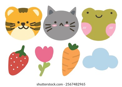 Cute tiger, cat, frog, strawberry, flower, carrot, and cloud element with kawaii style. Suitable for flat design illustration, clip art, stickers, etc