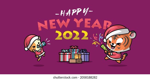 A CUTE TIGER AND CAT ARE   HAVING FUN WHEN CELEBRATING NEW YEAR EVE. 