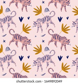 Cute tiger cat seamless pattern vector print, nursery illustration in scandinavian style, animal pink skin repeat design, kids wrapping paper template