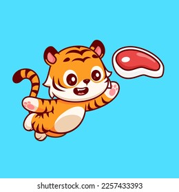 Cute Tiger Catching Steak Meat Cartoon Vector Icon Illustration. Animal Food Icon Concept Isolated Premium Vector. Flat Cartoon Style