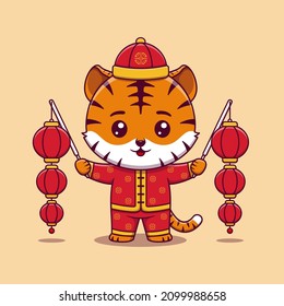 Cute Tiger Celebrate Chinese New Year Holding Chinese Lantern