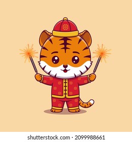 cute tiger celebrate chinese new year holding fireworks stick 