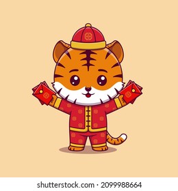 cute tiger celebrate chinese new year holding red envelopes