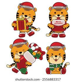 cute tiger celebrate christmas vector illustration