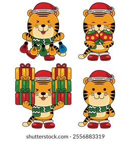 cute tiger celebrate christmas vector illustration