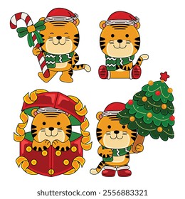 cute tiger celebrate christmas vector illustration