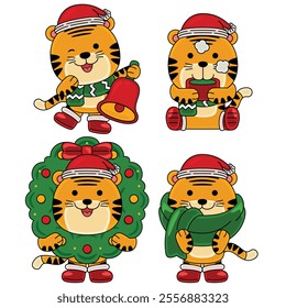 cute tiger celebrate christmas vector illustration