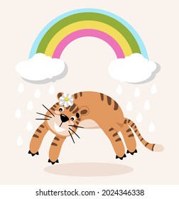 Cute tiger with chamomilla under rainbow, illustration in color on beige background for summer calendar 2022 or t-shirt print, card invitation, nursery poster. Flat vector illustration