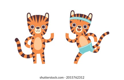 Cute Tiger Character Activities Set, Adorable Wild African Animal Waving its Paw and Running Cartoon Vector Illustration