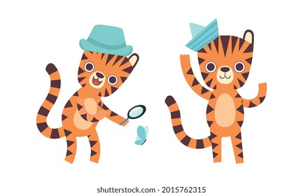 Cute Tiger Character Activities Set, Adorable Wild African Animal Looking at Butterfly Through Magnifying Glass Cartoon Vector Illustration