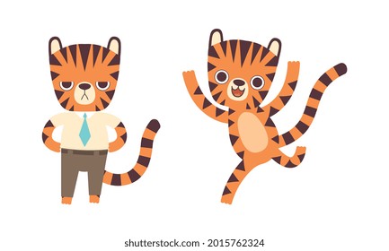 Juego de actividades de personajes de tigres puros, trabajo de animales salvajes y adorables en la oficina e ilustración de vectores de caricaturas en funcionamiento
