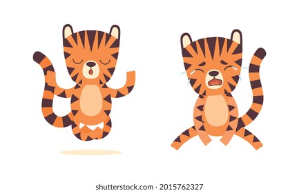 Cute Tiger Character Activities Set, Adorable Wild African Animal Meditating in Lotus Position and Crying Cartoon Vector Illustration
