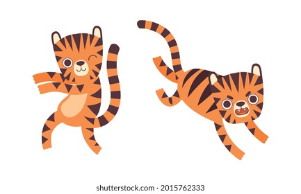Cute Tiger Character Activities Set, Adorable Wild African Animal Dancing and Hunting Cartoon Vector Illustration