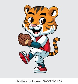Cute Tiger character in baseball uniform preparing to pitch cartoon illustration