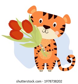 Cute tiger character with bouquet of red flowers - tulips on blue background. 2022 - Year of Tiger in Chinese or oriental. Vector illustration for childrens collection