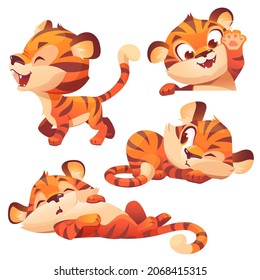 Cute tiger character in different poses. Vector set of cartoon funny kitten sleep, walking, greeting and peeking. Creative emoji set, animal mascot isolated on white background