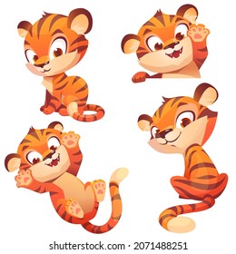 Cute tiger character in different poses isolated on white background. Vector set of cartoon funny kitten plays, looks back and greeting. Creative emoji set, animal mascot