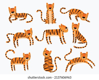 cute tiger character in different poses isolated on a white background.