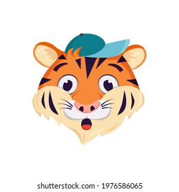 Cute tiger character, face with surprised, shocked emotions. Wild animals of africa, funny or smile cartoon muzzle in a cap. Vector flat illustration