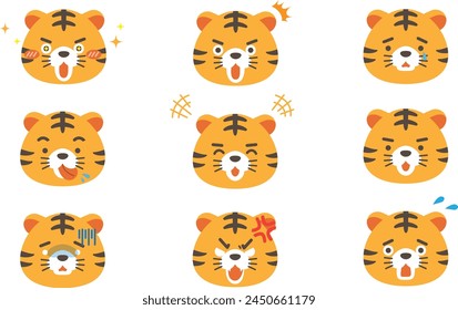 
Cute tiger character facial expression illustration set