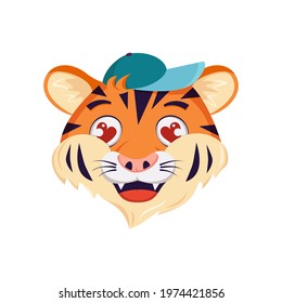 Cute tiger character falls in love, face with eyes hearts. Wild animals of africa, funny or smile cartoon muzzle in a cap. Vector flat illustration