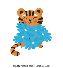Cute tiger character with flowers isolated vector illustration. Animal sticker.