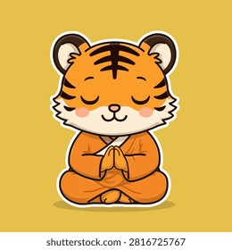 Cute Tiger Character Meditating in Monk Robe with Praying Hands, Zen Mindfulness Flat Illustration for Yoga, Wellness Sticker, Nursery Wall Art, and Kids Product Design