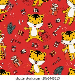 Cute tiger character seamless new year pattern for 2022. Gift, christmas, zodiac, cat.