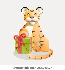 Cute tiger character is sitting with his paw on a gift box with a bow.