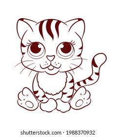 Carácter tigre lindo, sonriendo y sentado. Dibujo de un gato de juguete de dibujos animados, símbolo de Año Nuevo 2022.