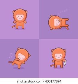 Cute tiger character standing, sleeping, dancing and eating in different poses