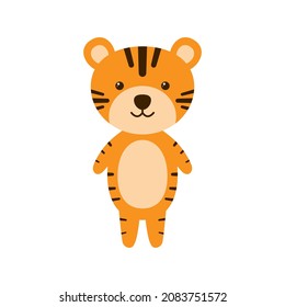 Cute tiger. Cute tiger character standing smiling happily. Flat design vector illustration isolated on white background.