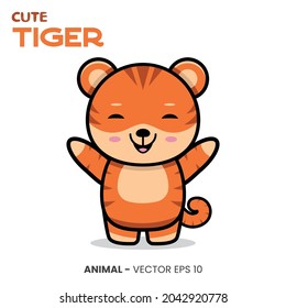 Cute Tiger character, with a sweet smile expression, and a raised hand.